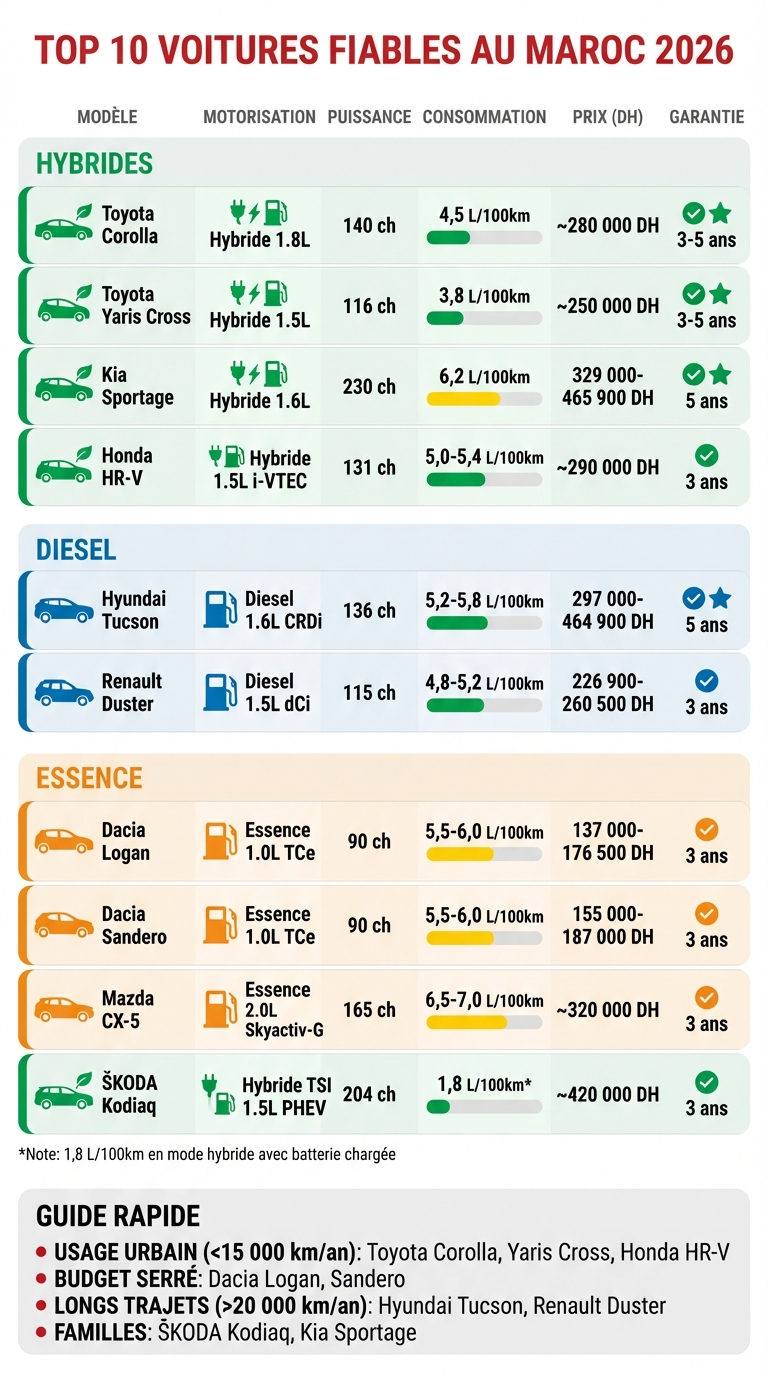Comparatif des 10 voitures les plus fiables au Maroc 2026 : prix, consommation et garanties