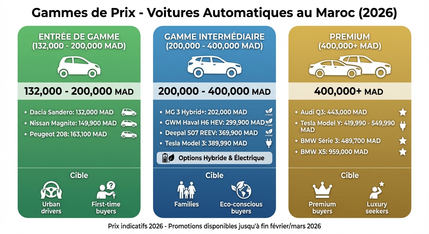Comparaison des gammes de prix voitures automatiques Maroc 2026