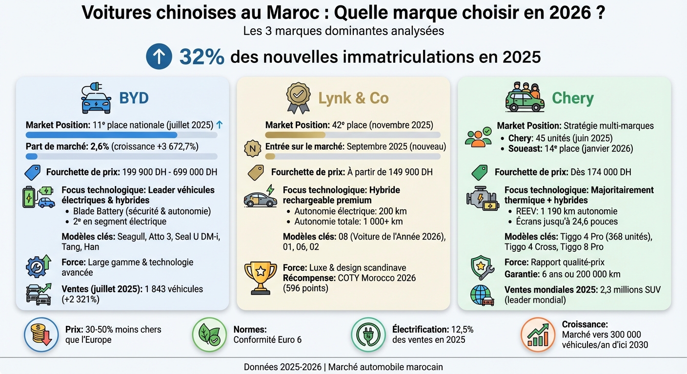 Comparatif des marques chinoises au Maroc 2026 : BYD, Lynk & Co et Chery