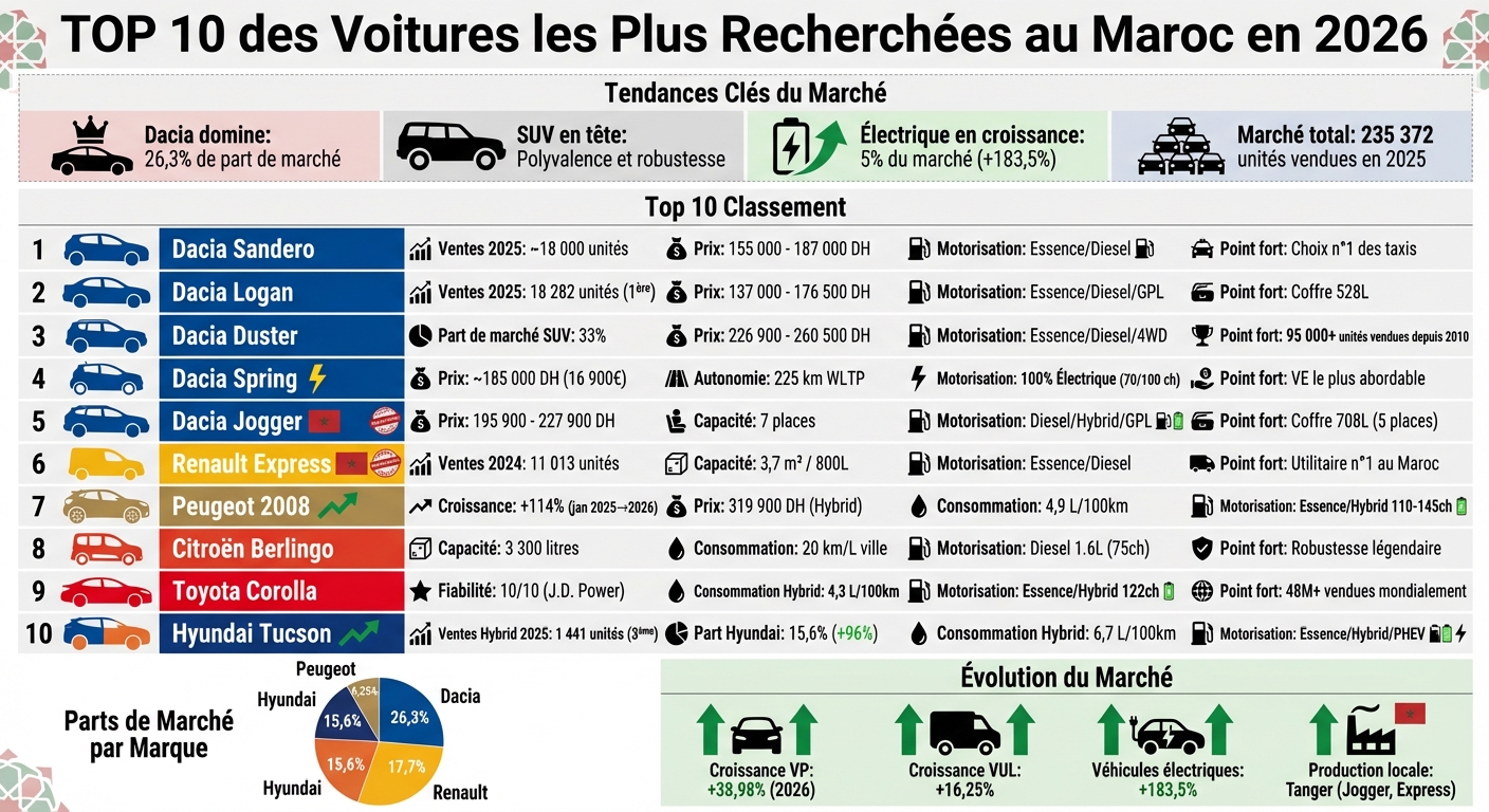 Top 10 des voitures les plus recherchées au Maroc en 2026 : prix, parts de marché et motorisations