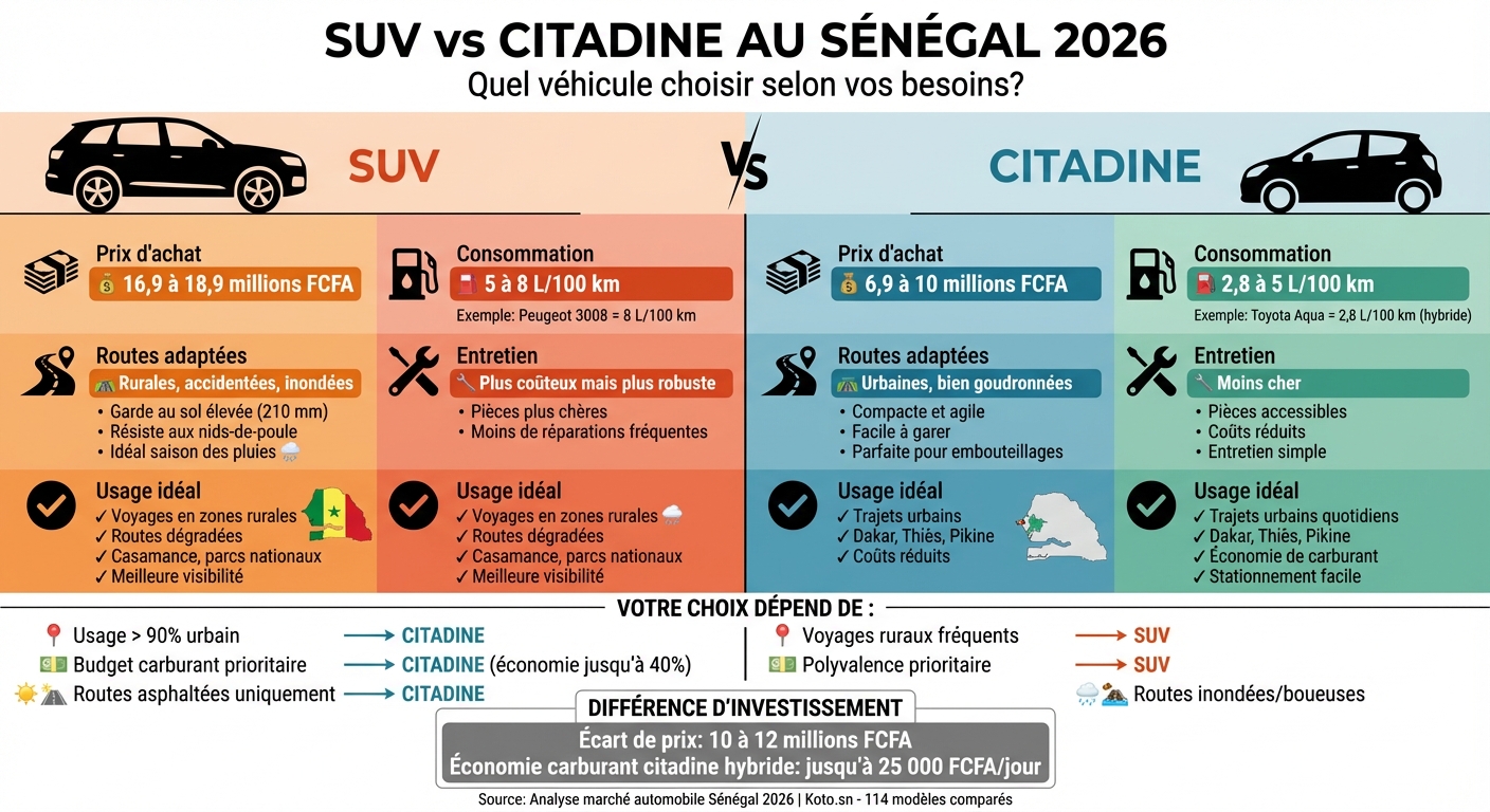 Comparatif SUV vs Citadine au Sénégal 2026 : Prix, Consommation et Usage