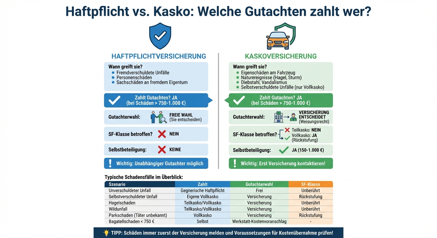 Haftpflicht vs. Kasko Gutachtenkosten Vergleich: Wer zahlt wann?
