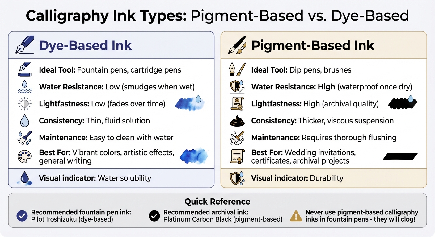 Calligraphy Ink Types Comparison: Pigment vs Dye-Based Properties
