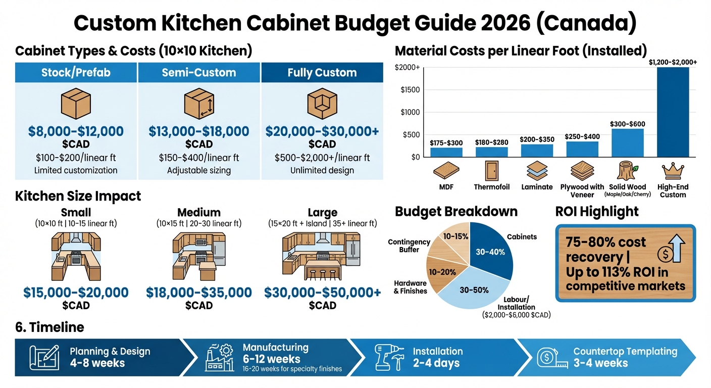 Custom Kitchen Cabinet Costs in Canada 2026: Complete Budget Breakdown by Type and Size
