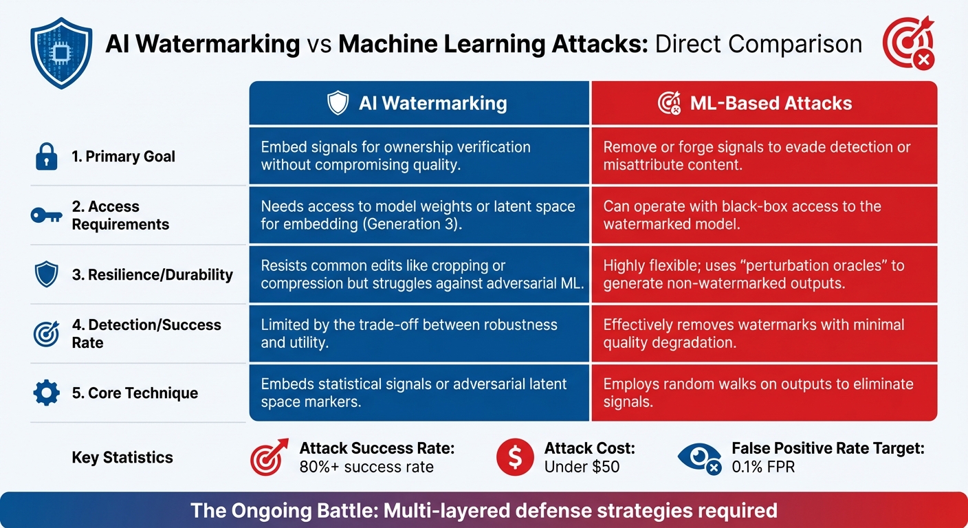 AI Watermarking vs Machine Learning Attacks: Strengths and Weaknesses Comparison