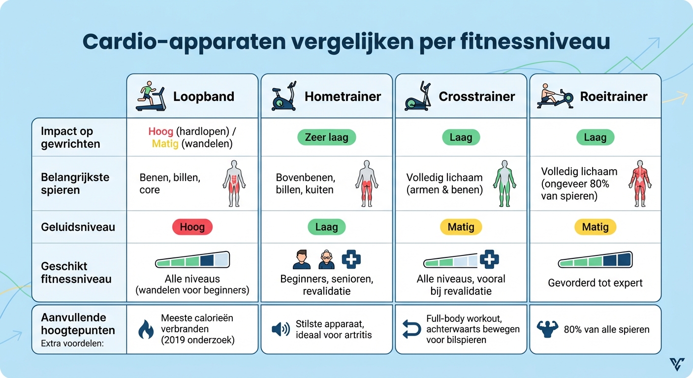 Vergelijking cardio-apparaten per fitnessniveau: loopband, hometrainer, crosstrainer en roeitrainer