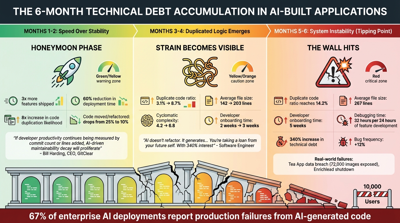 The 6-Month Wall Timeline: How AI-Generated Code Debt Accumulates