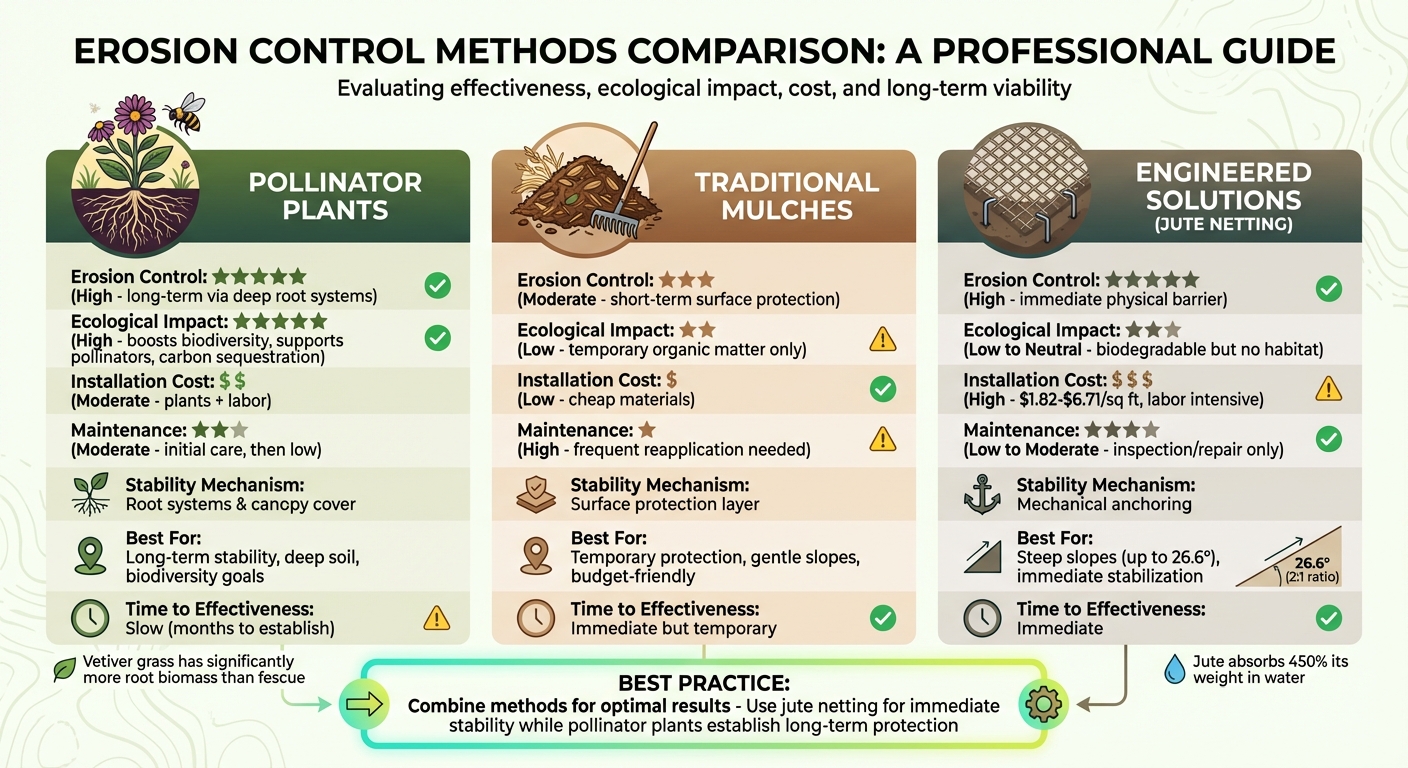 Comparison of Erosion Control Methods: Pollinator Plants vs Mulches vs Jute Netting