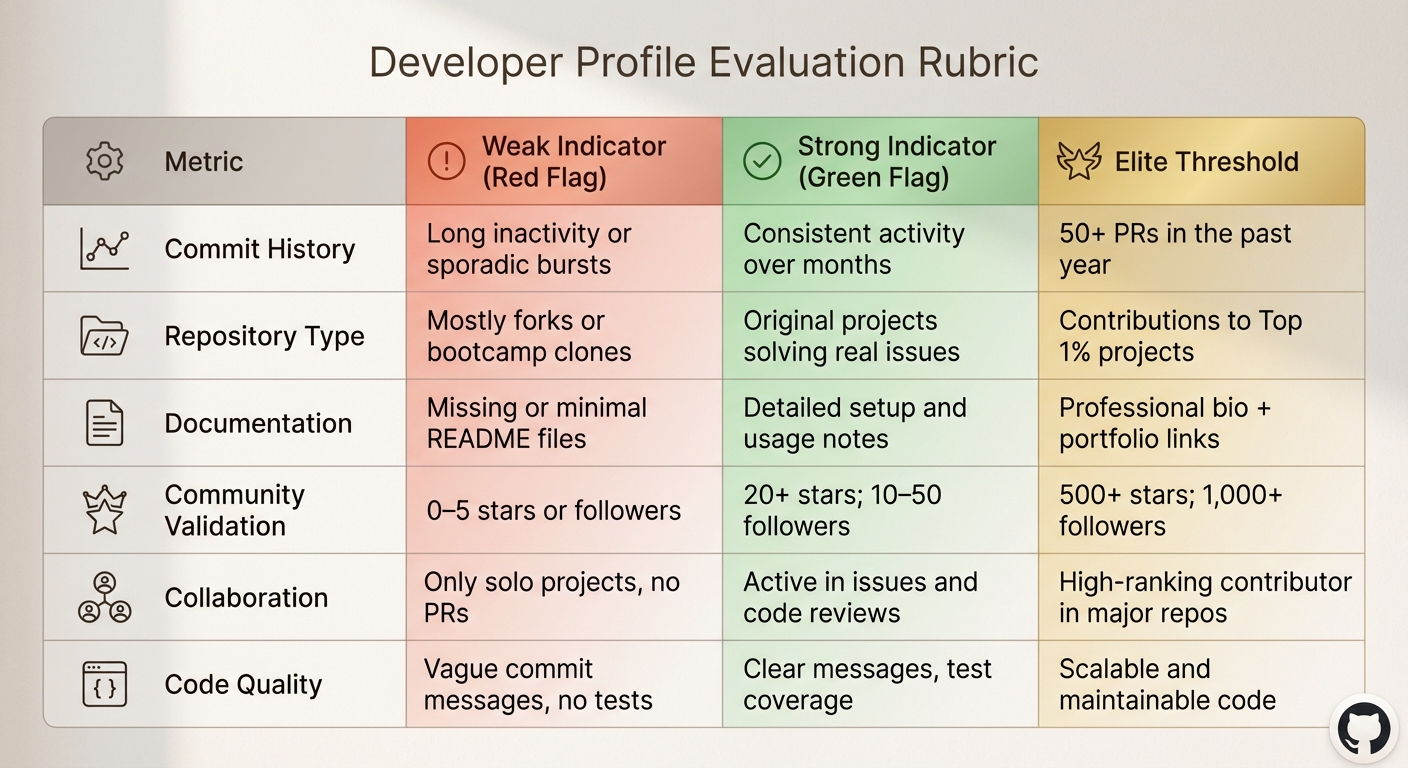 GitHub Developer Profile Evaluation Rubric for Tech Recruiters