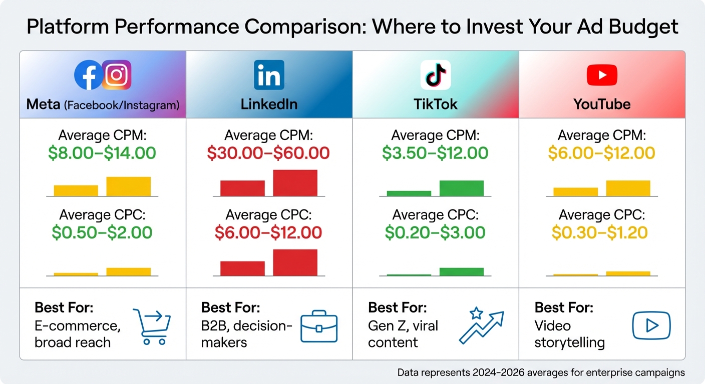 Social Media Advertising Platform Comparison chart detailing CPM and CPC for Meta, LinkedIn, and TikTok