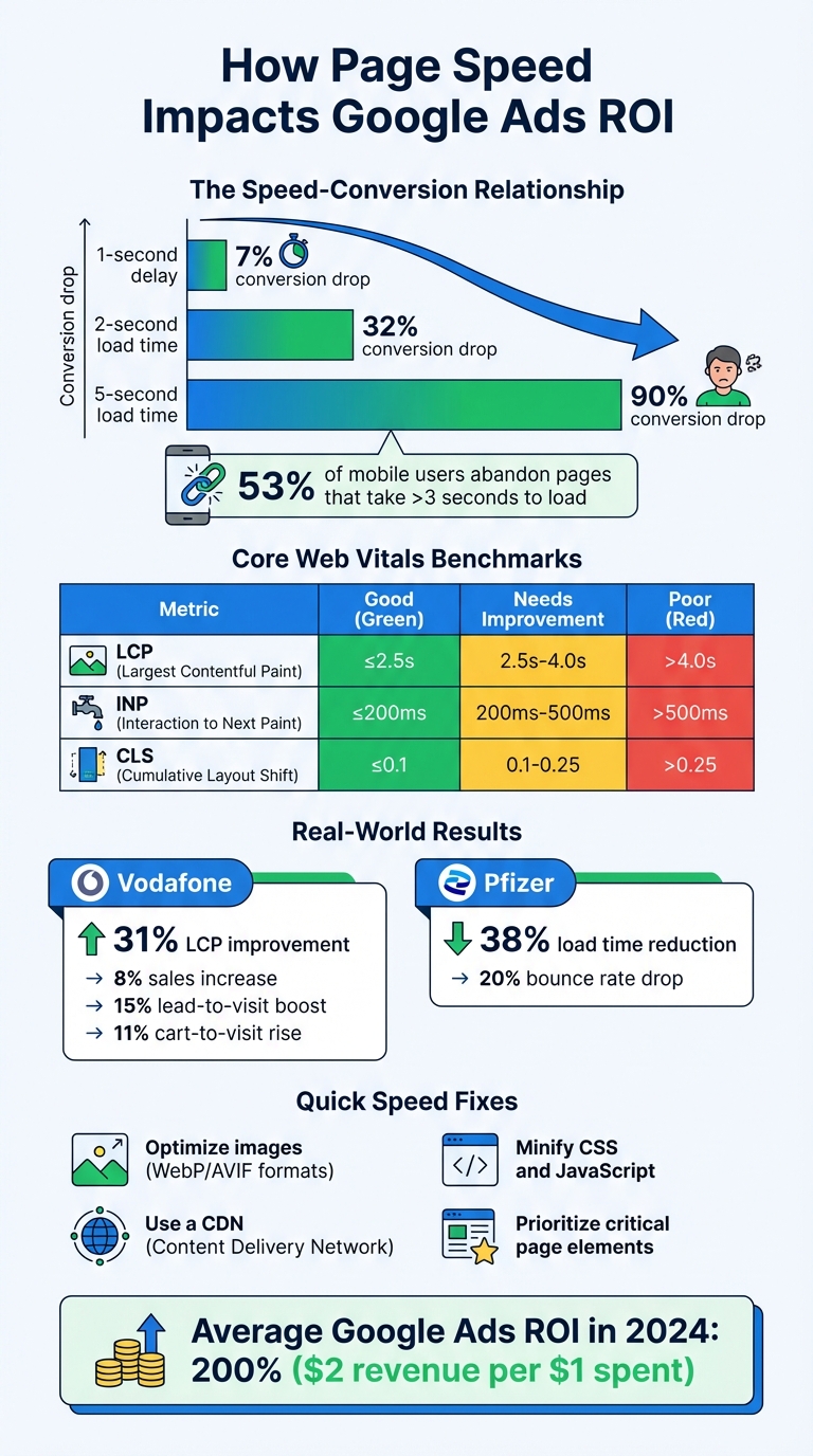 Infographic detailing how page speed affects Google Ads Cost Per Click (CPC) and overall conversion rates