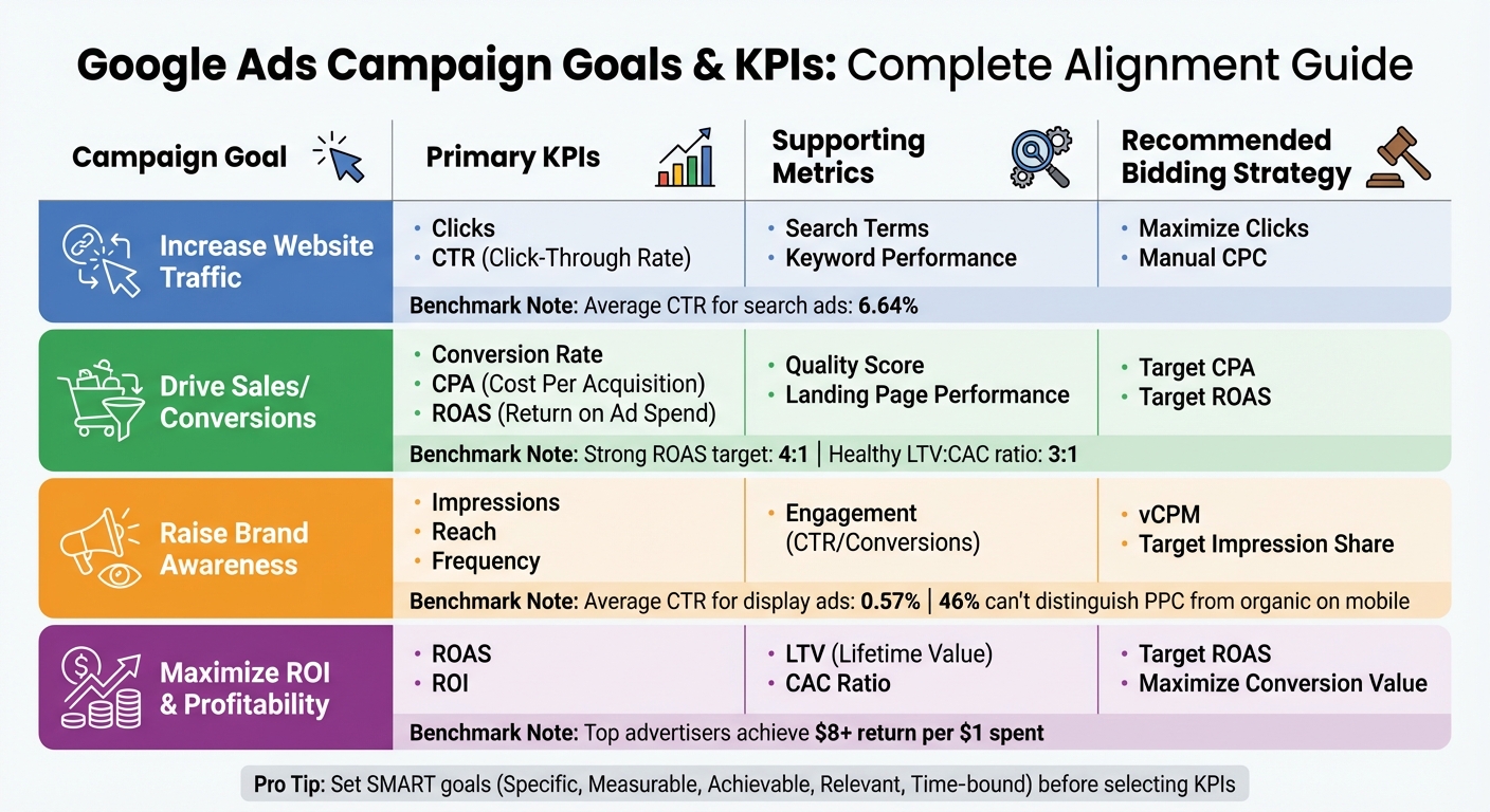 Table mapping Google Ads campaign goals (e.g., Sales, Awareness) to specific primary and secondary KPIs
