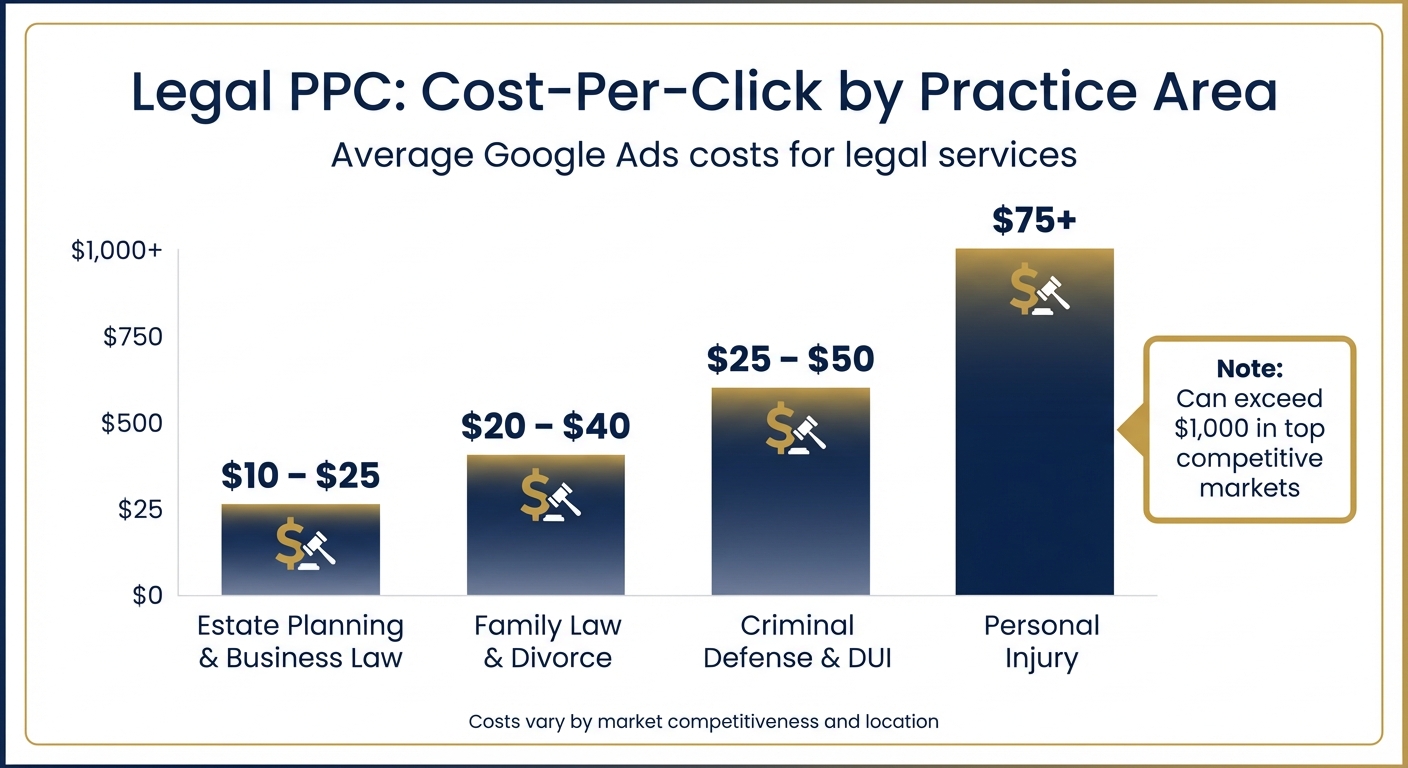 Bar chart detailing estimated Google Ads Cost-Per-Click (CPC) rates across personal injury, family law, and criminal defense practice areas