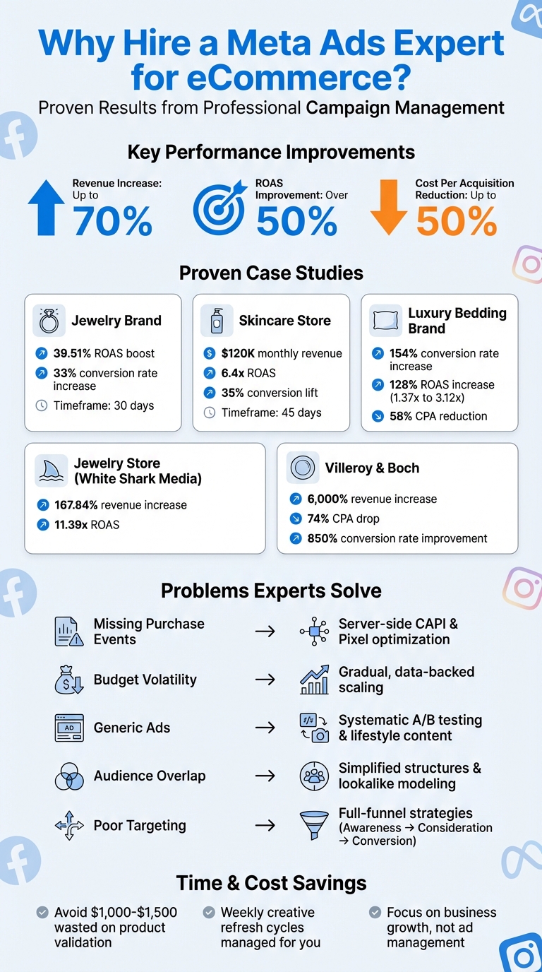 Chart showing the positive impact of a Meta Ads expert on eCommerce revenue, Return on Ad Spend (ROAS), and customer acquisition cost reduction