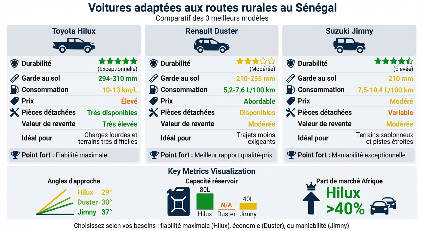 Comparatif des voitures adaptées aux routes rurales du Sénégal : Toyota Hilux, Renault Duster et Suzuki Jimny