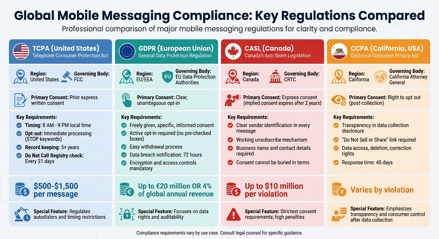 Mobile Messaging Compliance Regulations Comparison: TCPA, GDPR, CASL, and CCPA