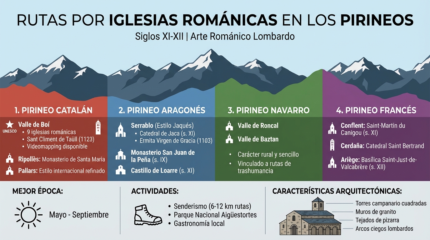 Mapa de iglesias románicas en los Pirineos por región con características principales