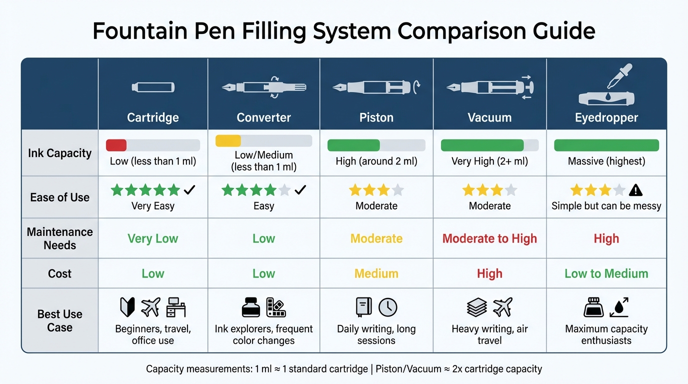 Fountain Pen Filling Systems Comparison: Capacity, Maintenance & Best Use Cases