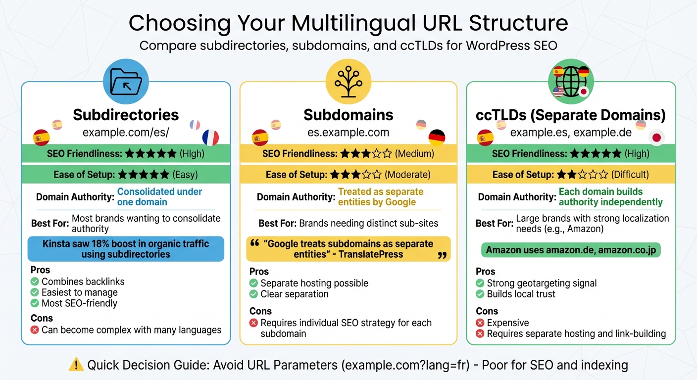 Multilingual WordPress URL Structure Comparison: Subdirectories vs Subdomains vs ccTLDs