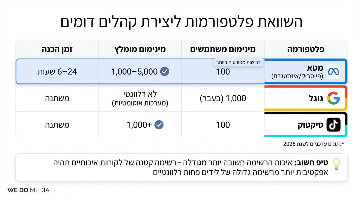 השוואת פלטפורמות לקהלים דומים: מטא, גוגל וטיקטוק - דרישות ומינימום משתמשים