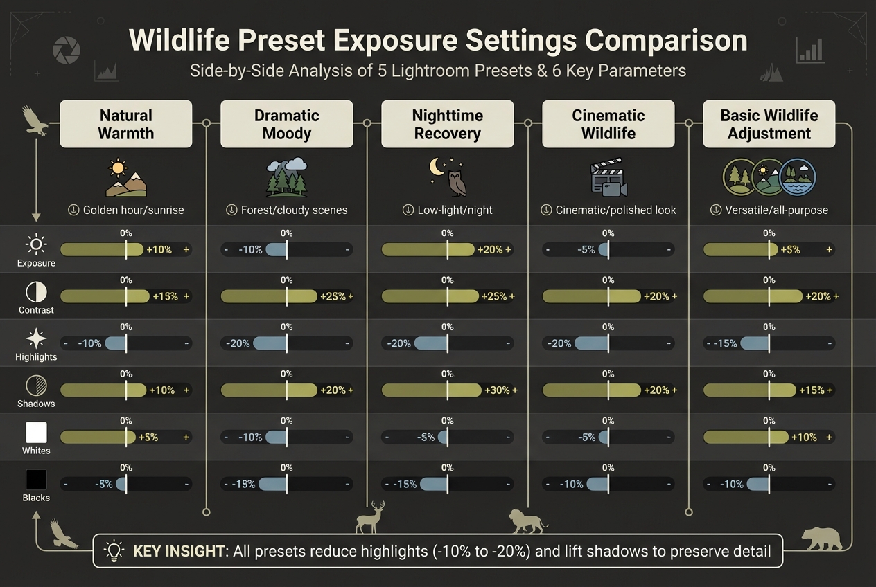 Lightroom Wildlife Preset Exposure Settings Comparison Chart
