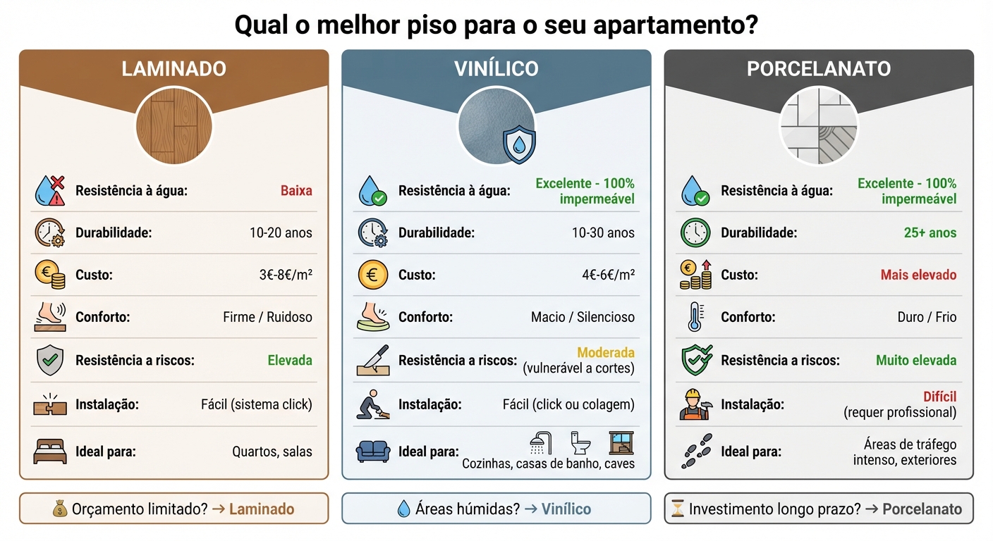 Comparação de pisos para apartamento: Laminado vs Vinílico vs Porcelanato