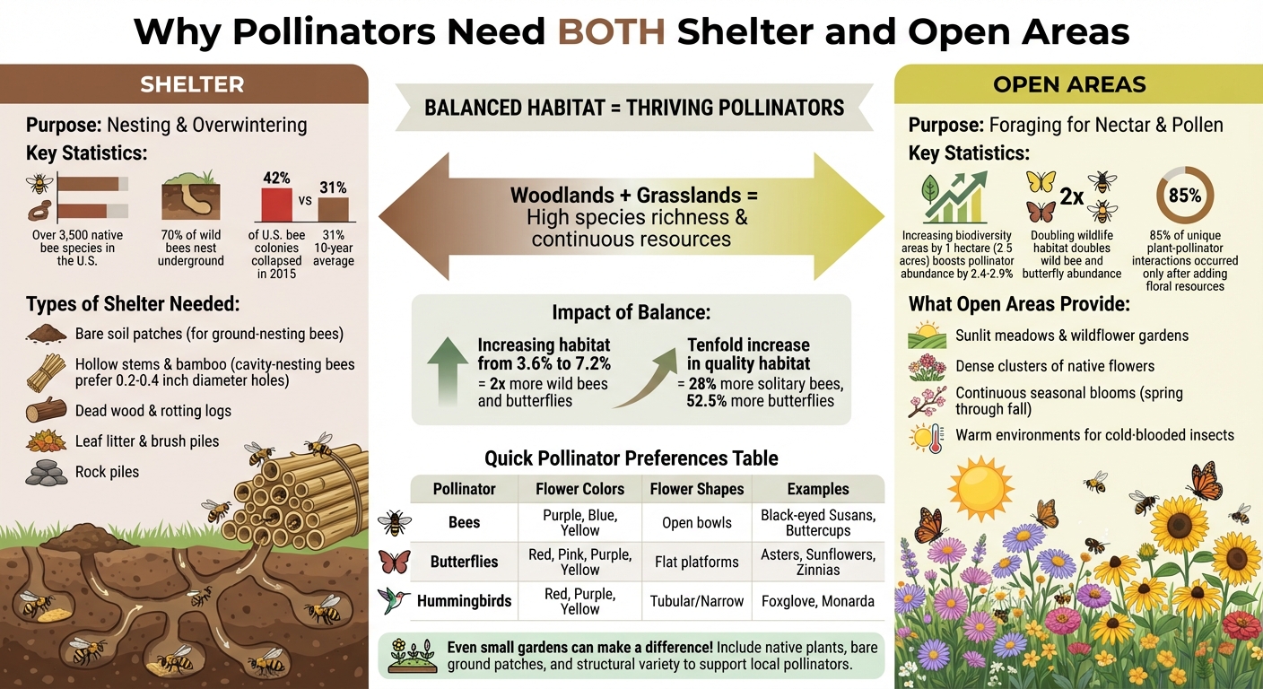 Pollinator Habitat Requirements: Shelter vs Open Areas Comparison