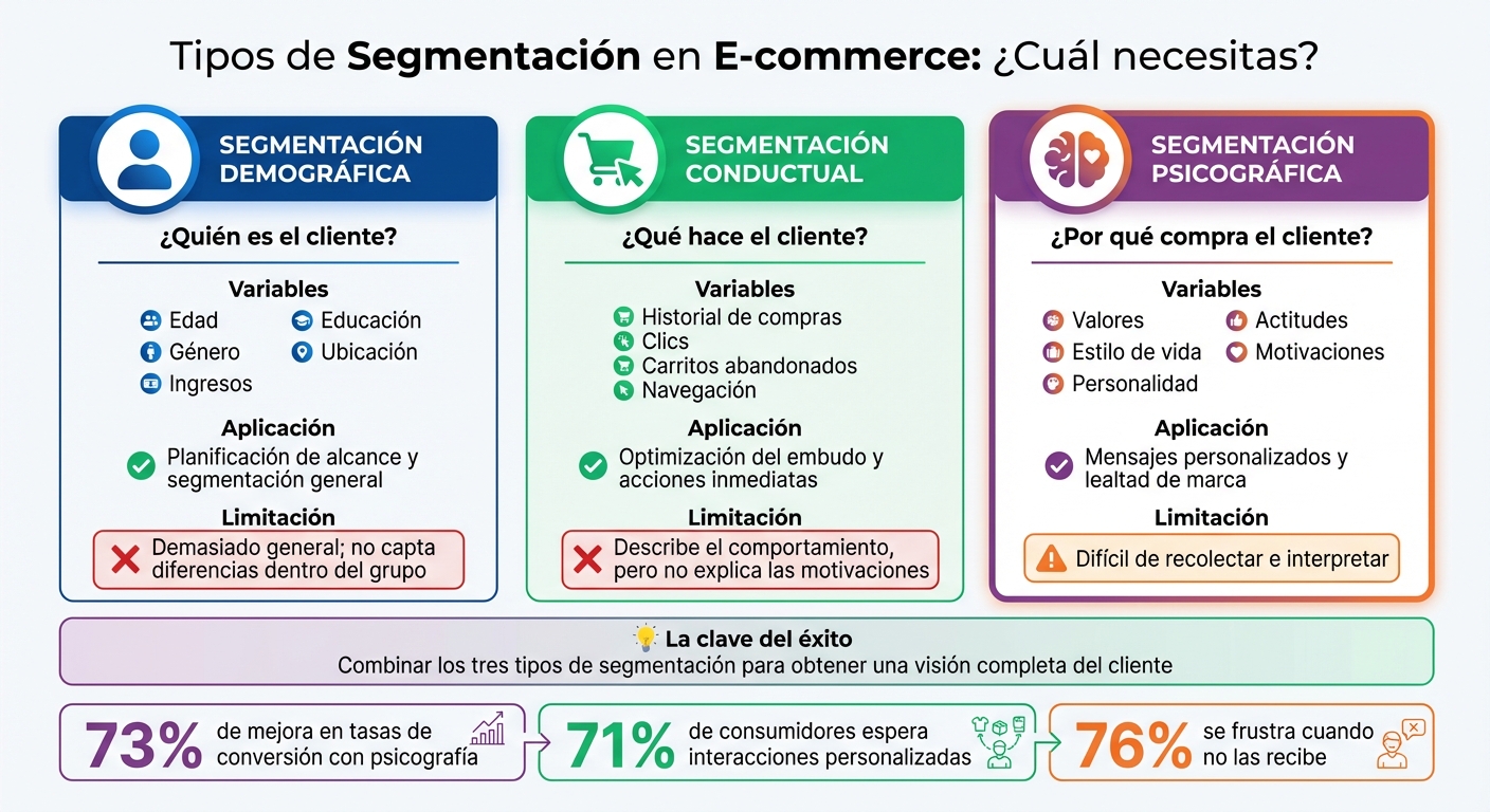 Comparación de tipos de segmentación en e-commerce: demográfica vs conductual vs psicográfica