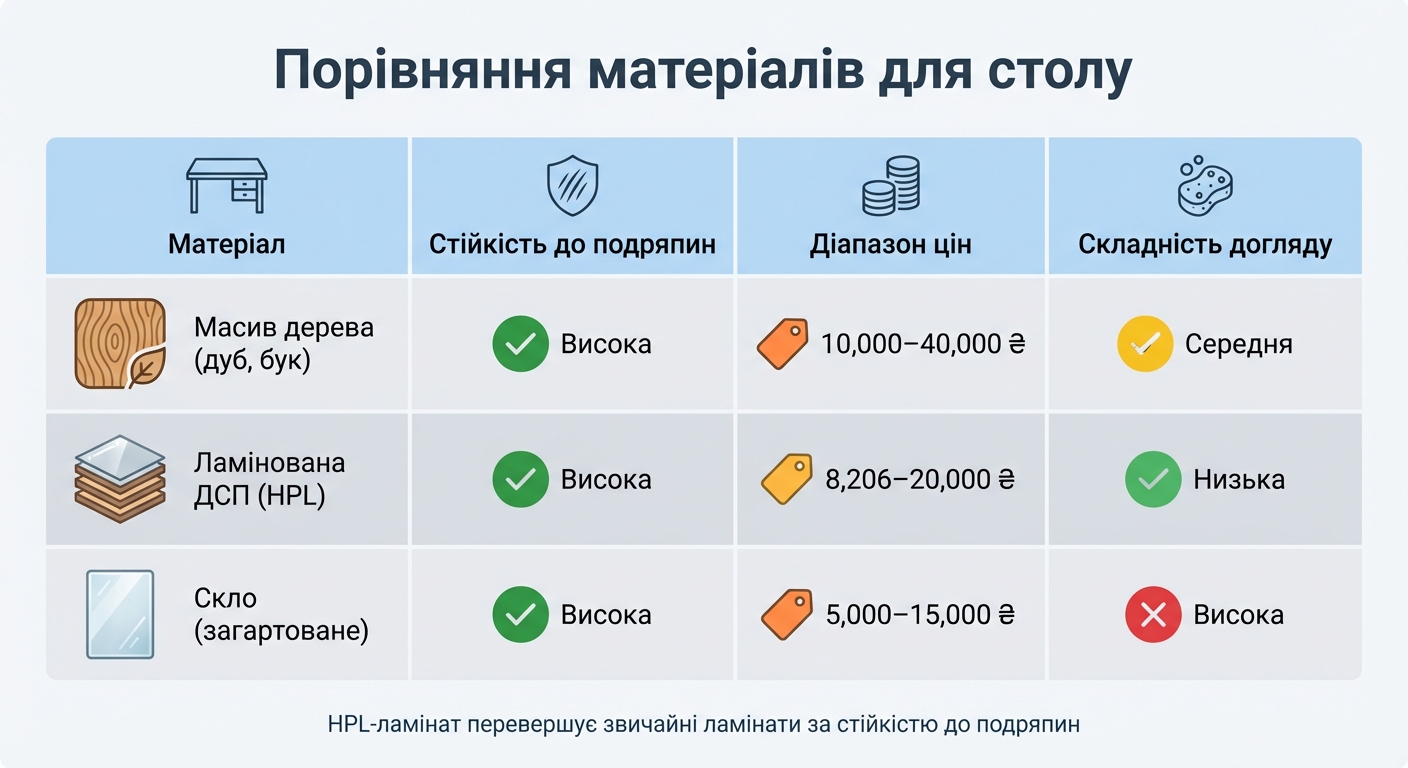 Порівняння матеріалів столів за стійкістю до подряпин та ціною