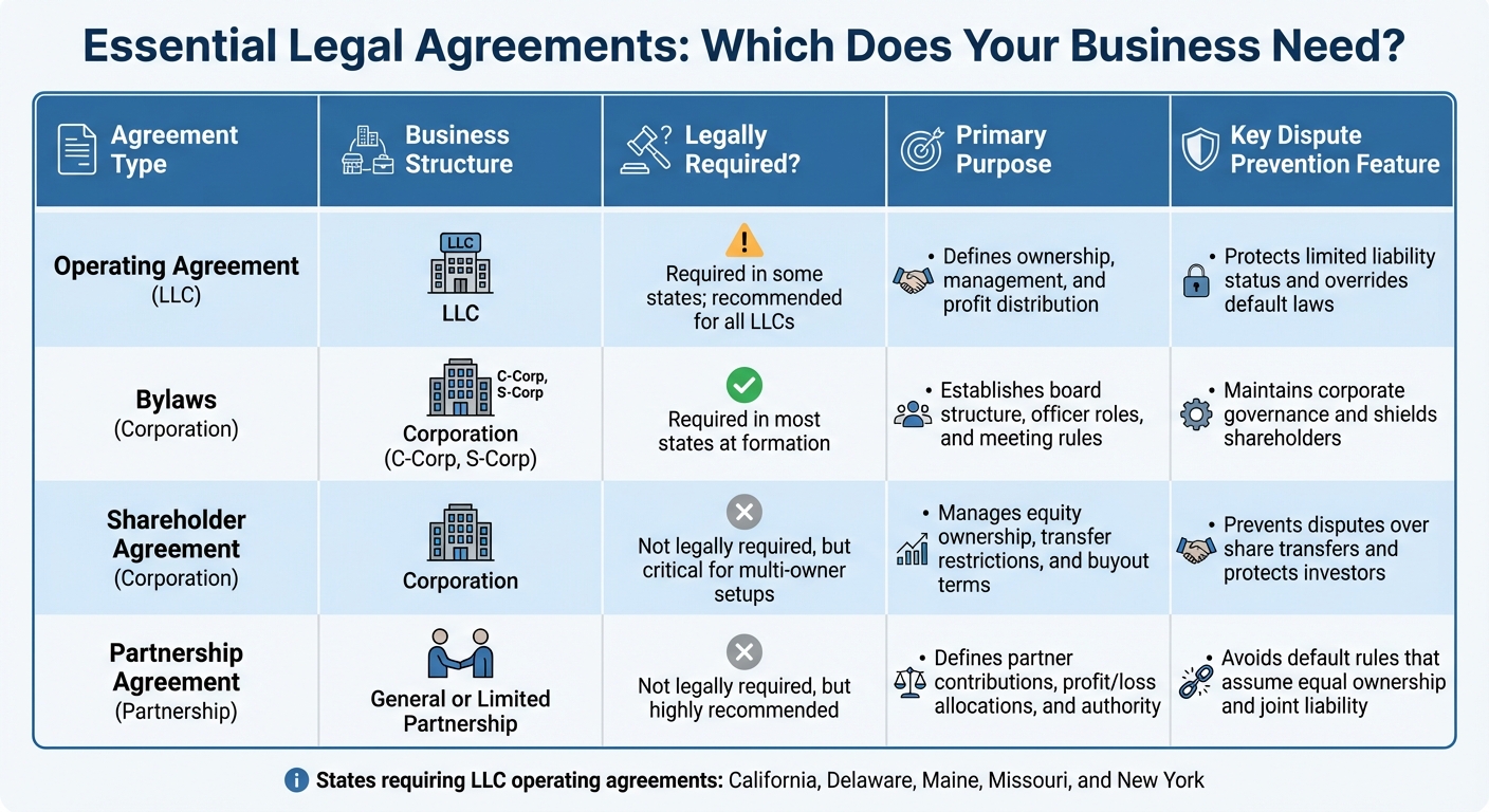 Comparison of Essential Legal Agreements by Business Structure