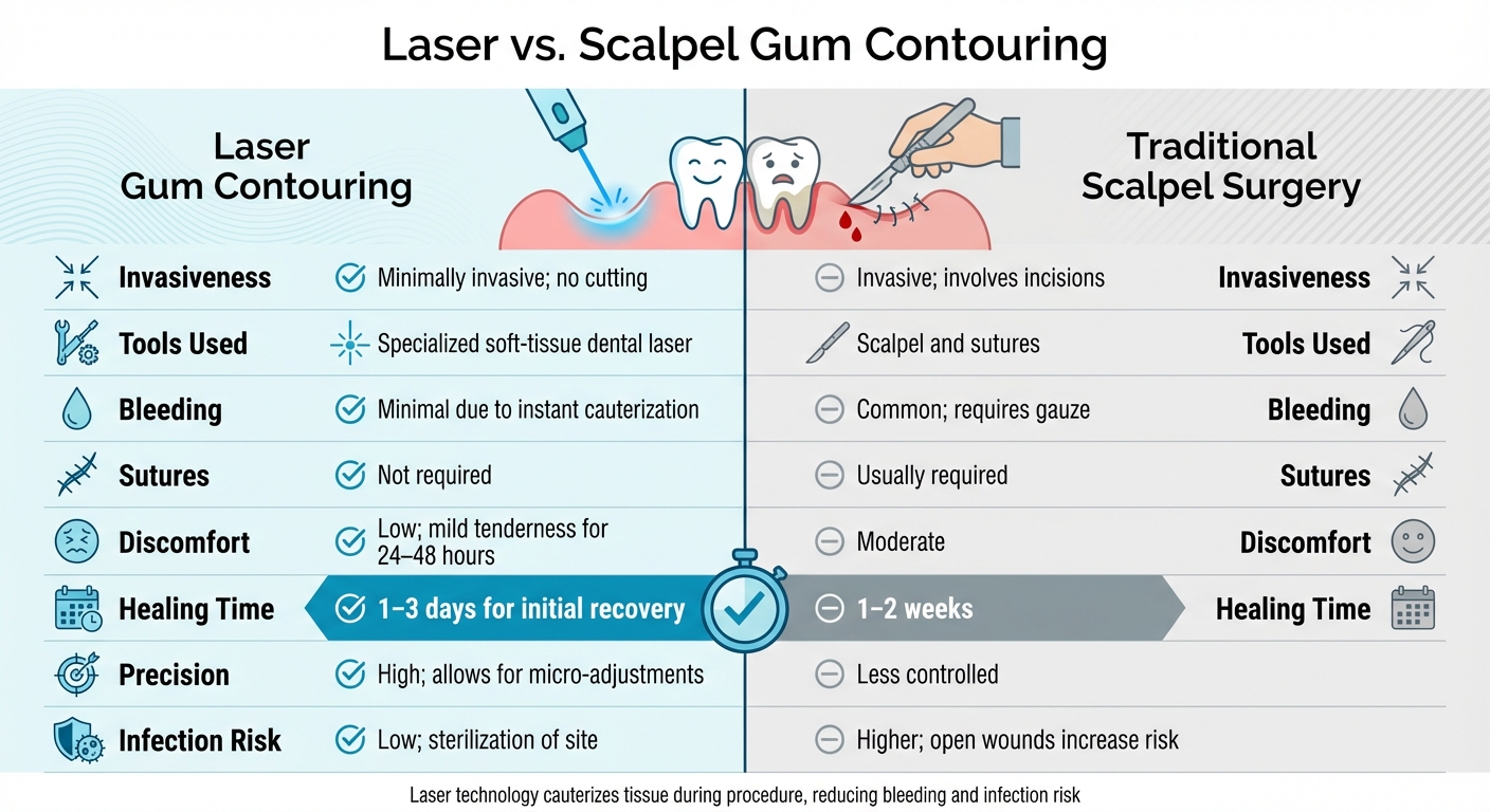 Laser vs Scalpel Gum Contouring: Recovery Time, Bleeding, and Precision Comparison