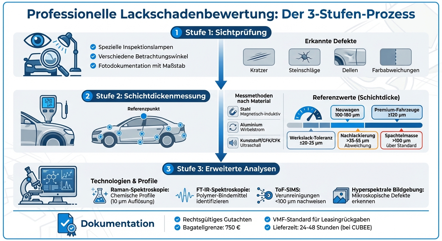 Professionelle Lackschadenbewertung: 3-Stufen-Prozess mit Messwerten