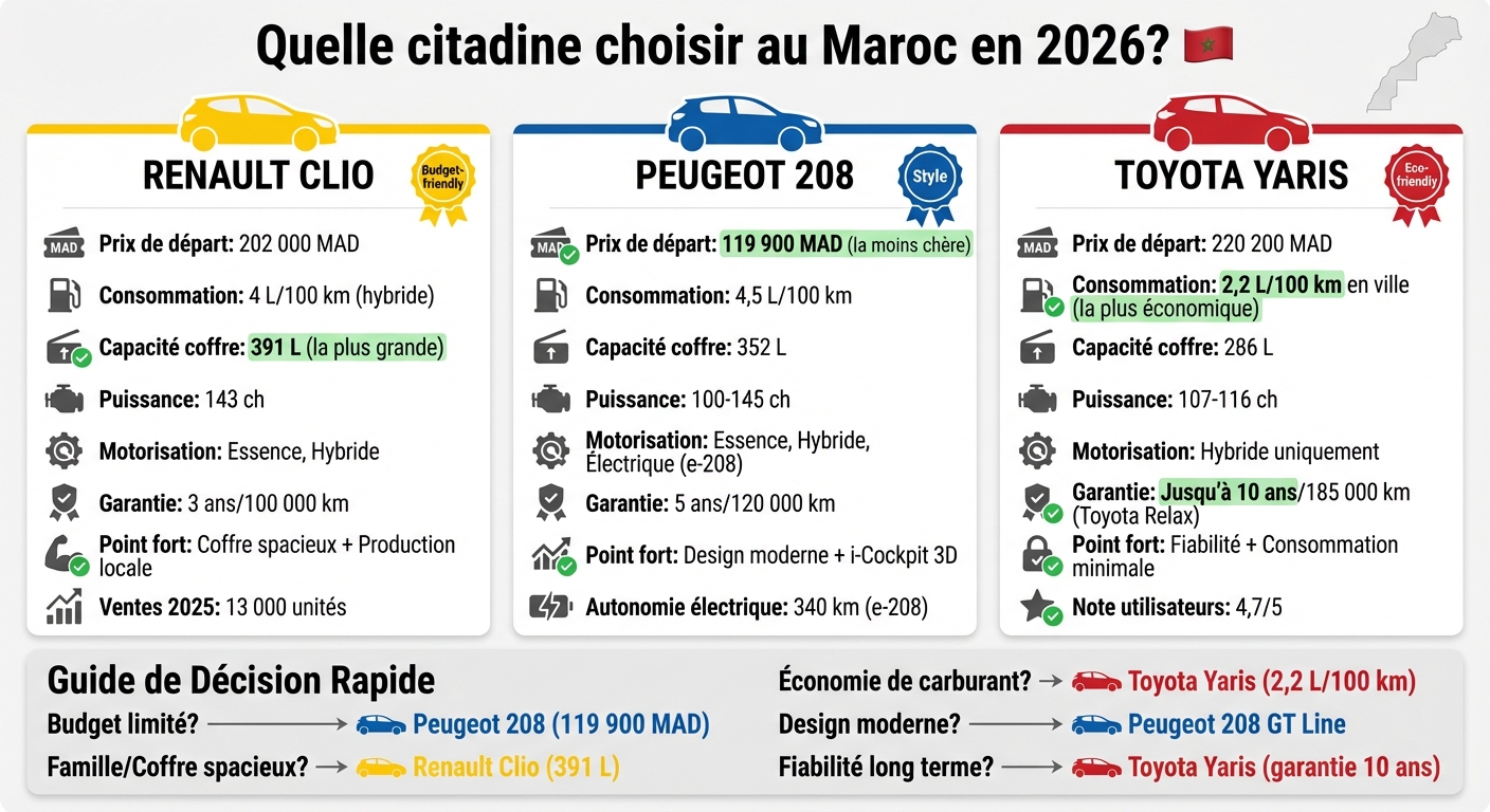 Comparaison Renault Clio vs Peugeot 208 vs Toyota Yaris au Maroc 2026