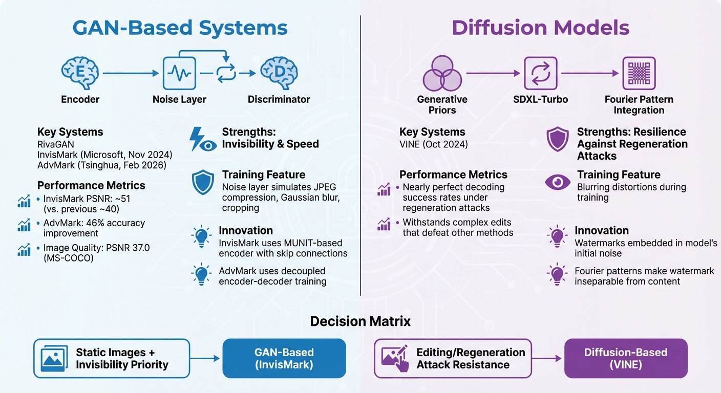 GAN vs Diffusion Model Watermarking: Architecture Comparison and Performance Metrics