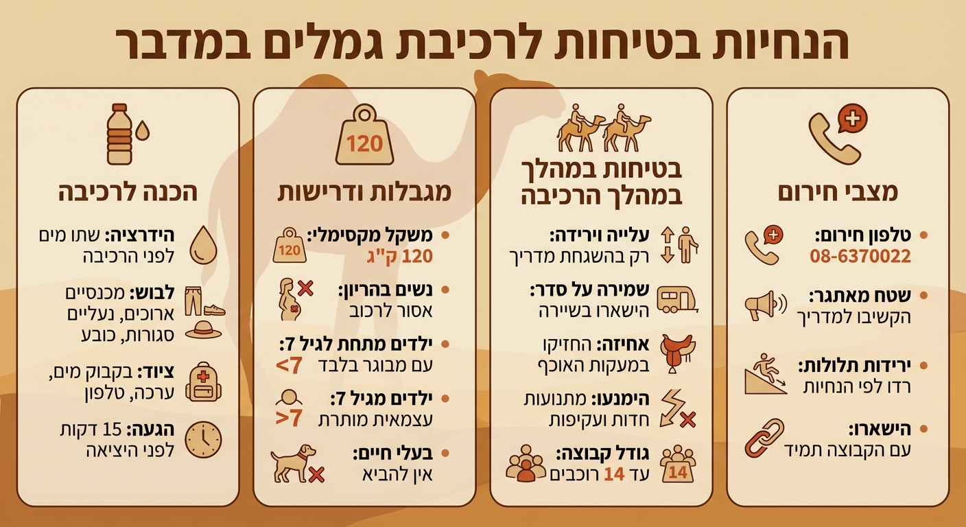 כללי בטיחות לרכיבה על גמלים במדבר - מדריך חזותי