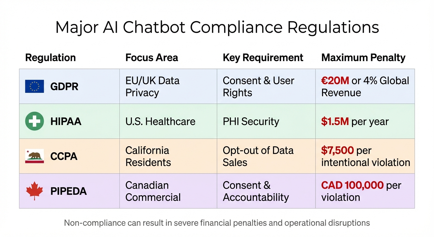 Major AI Chatbot Compliance Regulations Comparison: GDPR, HIPAA, CCPA, and PIPEDA