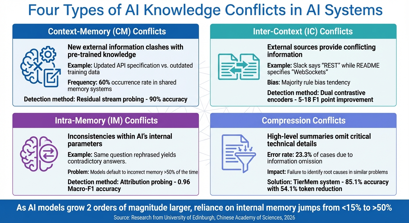 Four Types of AI Knowledge Conflicts and Their Detection Accuracy