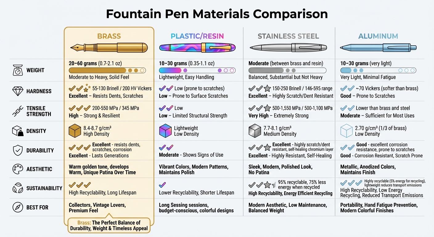 Fountain Pen Materials Comparison: Brass vs Plastic vs Steel vs Aluminum