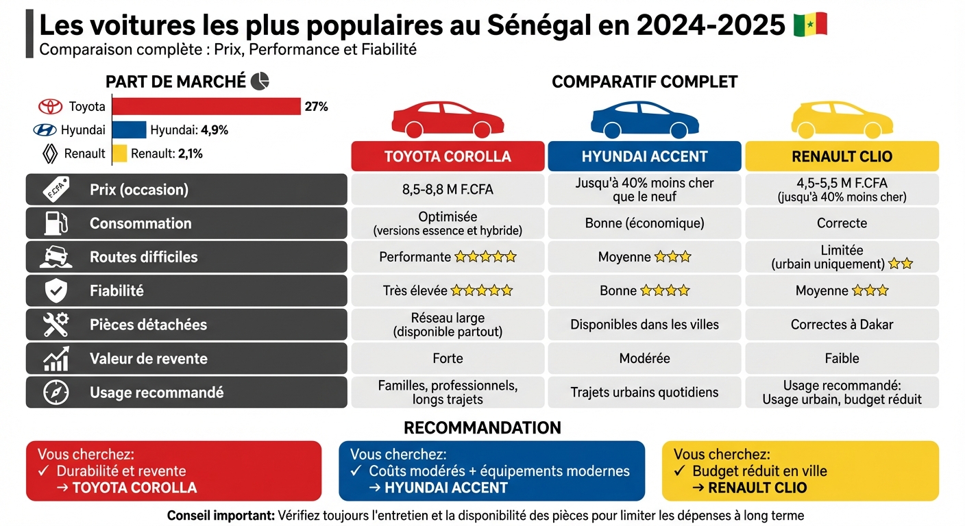 Comparaison des voitures populaires au Sénégal 2024-2025 : Toyota Corolla, Hyundai Accent et Renault Clio