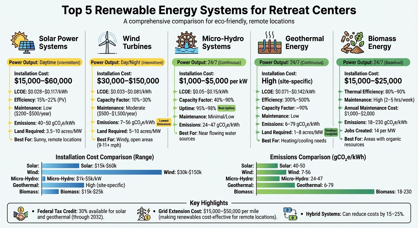 Renewable Energy Systems Comparison for Retreat Centers: Costs, Output & Efficiency