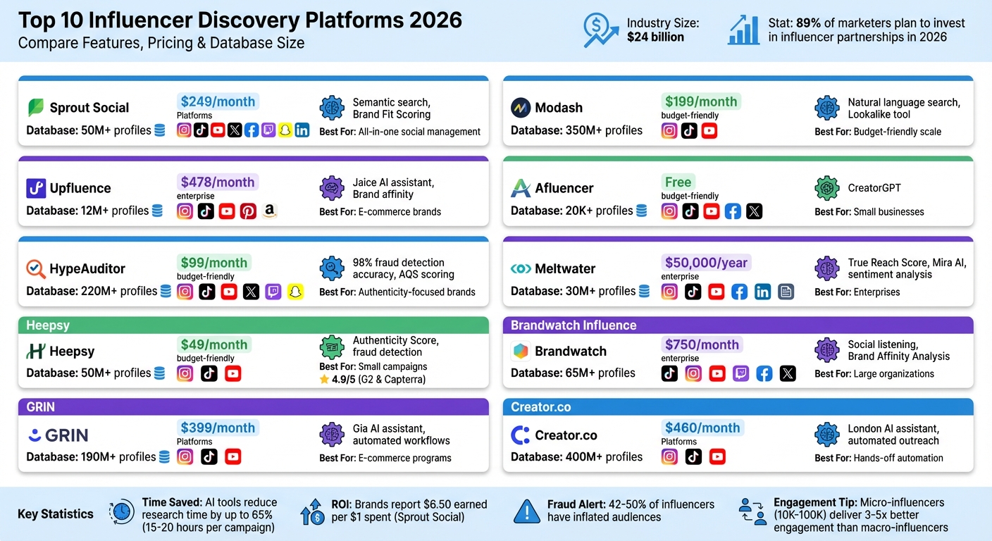 Top 10 Influencer Discovery Platforms 2026: Features, Pricing & Database Size Comparison