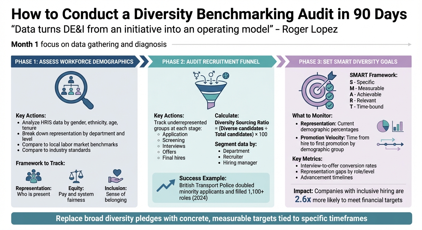 3-Phase Diversity Benchmarking Audit Process with Key Metrics