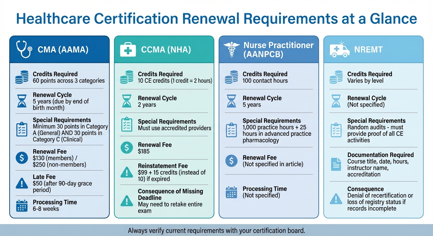 Healthcare Certification Renewal Requirements Comparison Chart