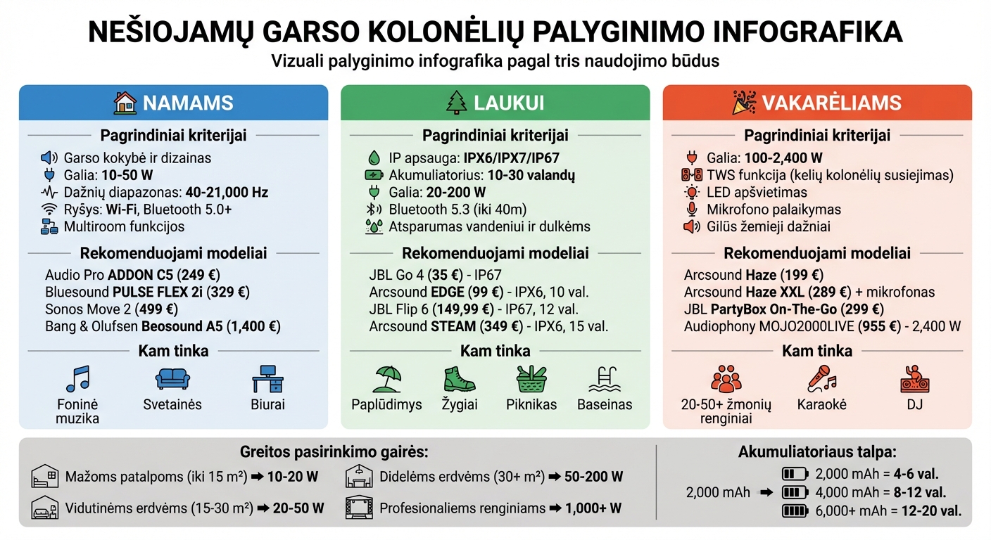 Nešiojamų kolonėlių palyginimas pagal naudojimo būdą: namai, lauke, vakarėliai