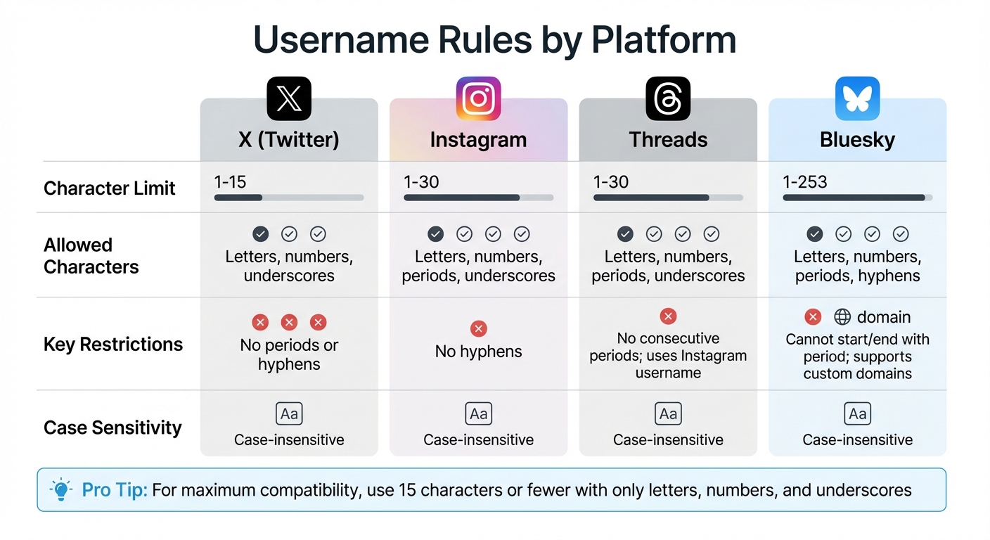 Social Media Username Rules and Character Limits Comparison Chart