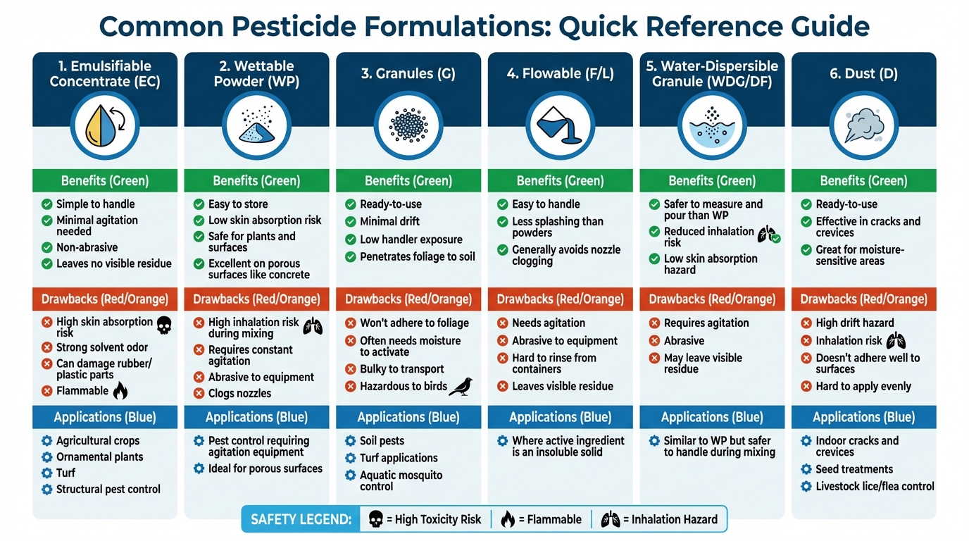 Pesticide Formulation Types: Benefits, Drawbacks, and Applications Comparison Chart