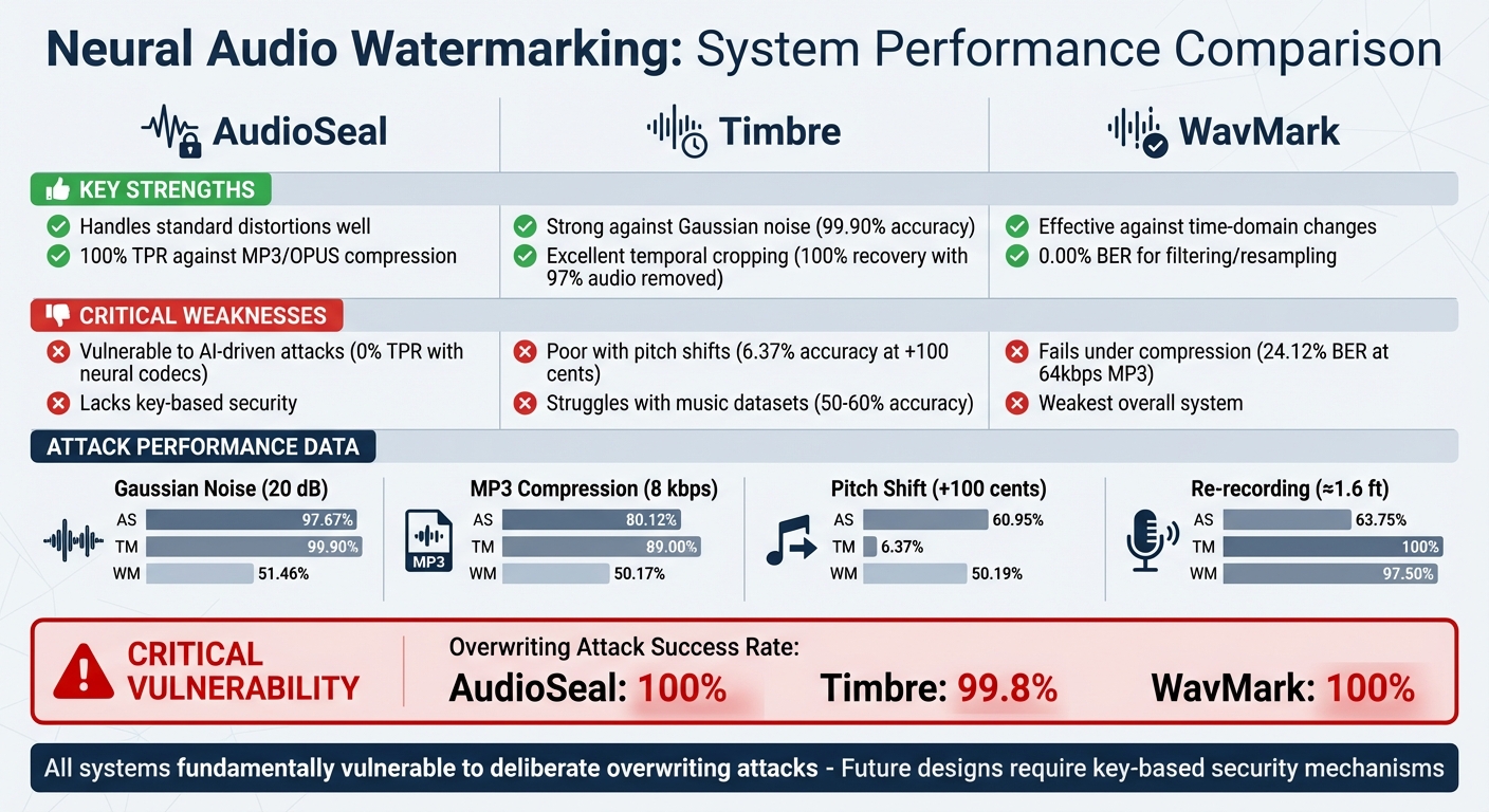 Neural Audio Watermarking Systems Performance Comparison: AudioSeal vs Timbre vs WavMark