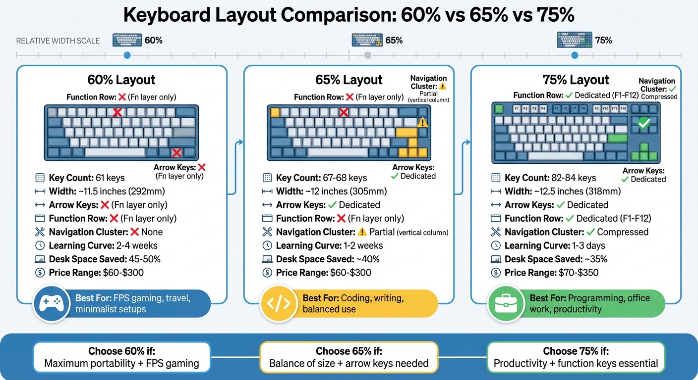 60% vs 65% vs 75% Keyboard Layout Comparison Chart