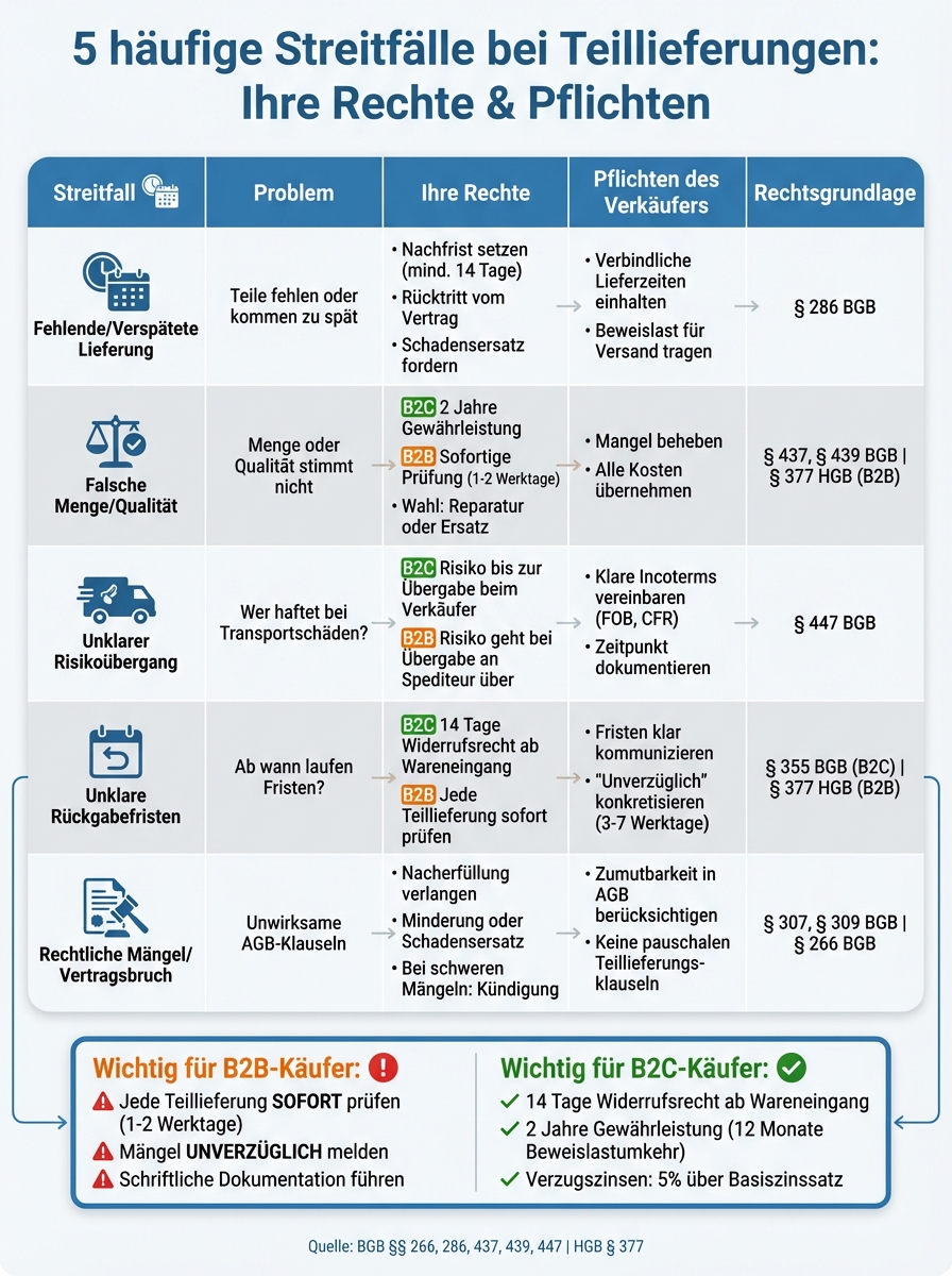 Rechte und Pflichten bei Teillieferungen: Übersicht der 5 häufigsten Streitfälle