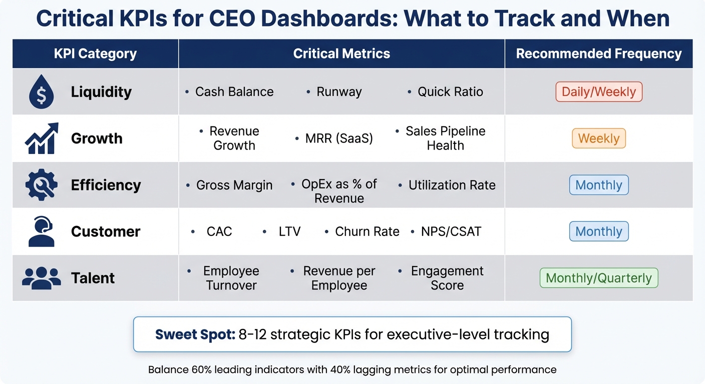 CEO Dashboard KPIs: Critical Metrics by Category and Tracking Frequency